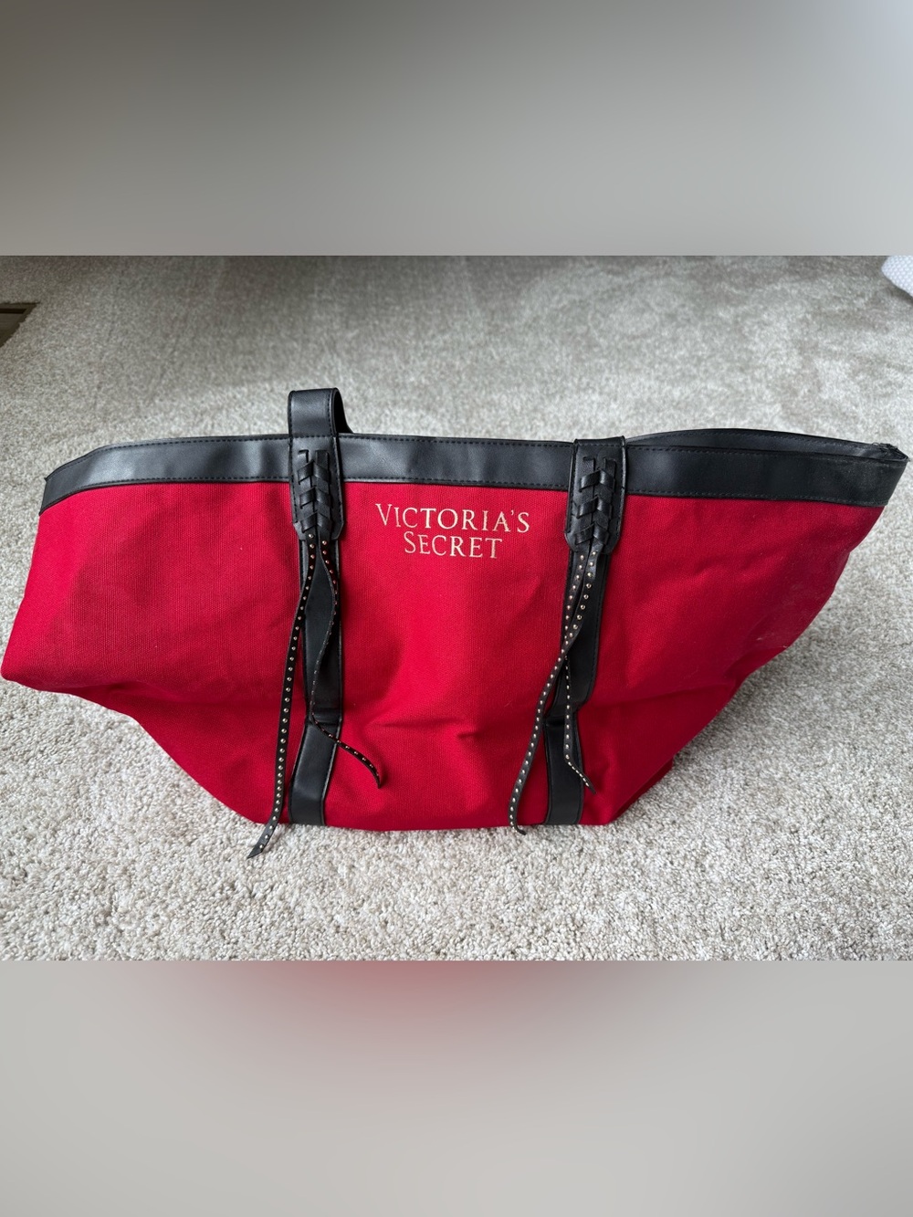 Victoria's Secret Red Canvas Tote with Black Trim and Studded Straps